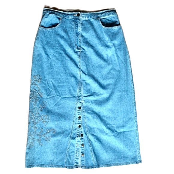 Denim&Co Denim Skirt (Sz 16, 37" L) Button Front Slit ~ Embr. Dot Swirl Design - Picture 1 of 14